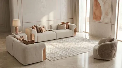 Image de Ensemble de salon beige élégant : canapé 3 places, canapé 2 places, fauteuil, design moderne
