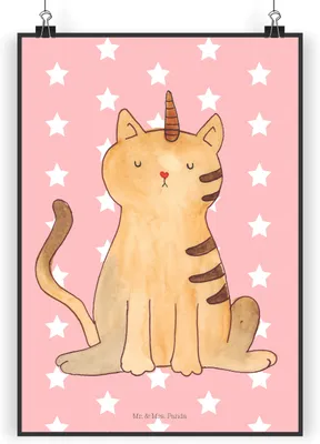 Produktbild von Mr. & Mrs. Panda Bild Einhorn Katze DIN A5 - Rot Pastell - Geschenk, Mieze, Unicorn, Poster, wanddeko, Regenbogen, Kunstdruck, Plakat, drucke, Glitzer