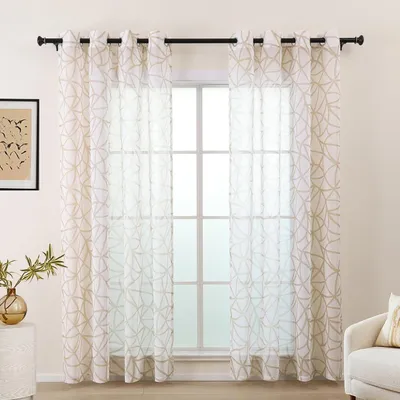 Imagen del producto de Cortinas para sala de estar - Cortina beige y blanca para el dormitorio - 245 cm de largo - Con ojales - Translúcida - Diseño geométrico - Juego de 2 cortinas