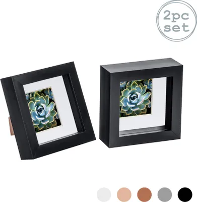 Produktbild von Nicola Spring 2 Stück 4 x 4 3D Shadow Box Photo Frame Set - Craft Anzeigen Bilderrahmen mit 2 x 2 Montieren - Glas Aperture - Schwarz