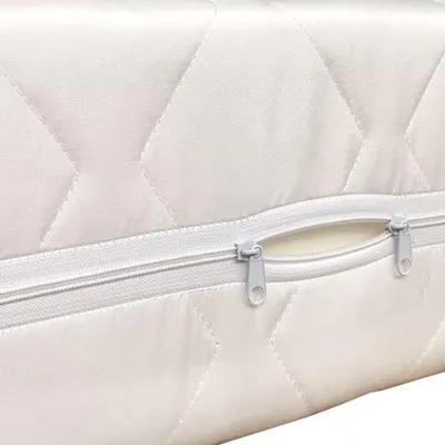 Close-up of a white quilted mattress cover with a zipper partially open.