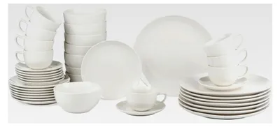 Produktbild von Geschirrset für 8 Personen - 40-teiliges Steingut Geschirr - Teller Set mit Speisetellern, Schalen und Kaffeetassen - Mikrowellen- und Spülmaschinengeeignet - Weiß