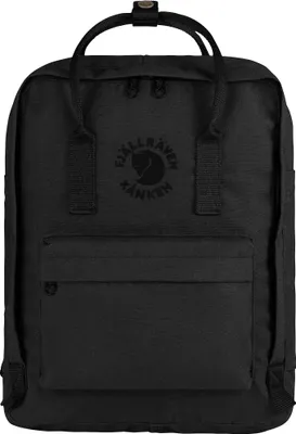 A black Fjällräven Kånken backpack is shown from the front against a white background.