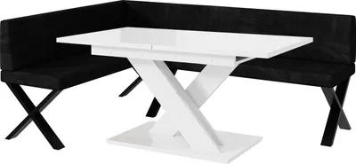Produktbild von MEBLINI Eckbank für Esszimmer mit ausziehbarem Tisch  - Küchenbank - Essecke - Sitzecke Küche - PETER - X-Beine 142x196x87cm Links - Schwarz Samt/B Weiß Hochgl.