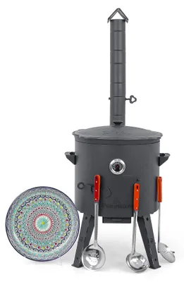 Produktbild von Posylka.de Feuerstelle Utschak Ø 44 cm Kazan 16 L flach Lagan 37 cm 3 Löffel 11 Teile Plov, (11-St)
