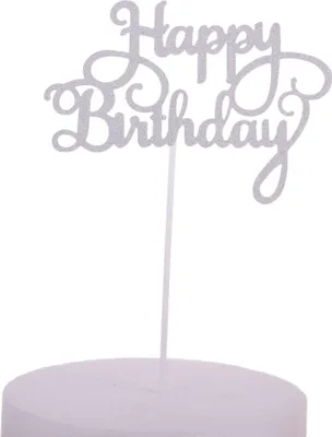 Immagine prodotto di Topper "Buon compleanno" con paillettes argentate