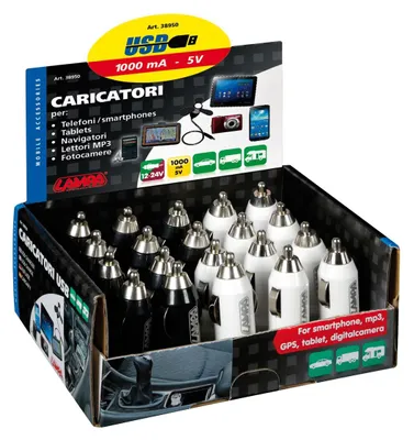 Zdjęcie produktu dla Wyświetlacz 20 sztuk - Ładowarka 1 port USB - 1000 mA - 12/24 V