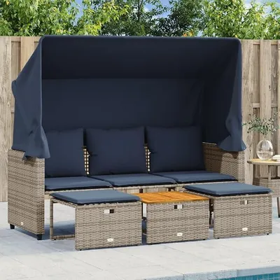 Produktbild von Gartensofa 3-Sitzer mit Baldachin und Hockern Grau Poly Rattan wetterfestes Lounge-Set für Terrasse Balkon mit abnehmbaren Kissen und Tisch aus Akazienholz ideal für Outdoor Relax