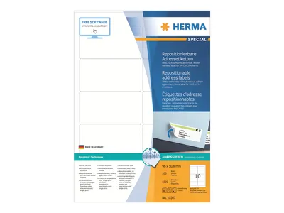 Immagine prodotto di Etichette per indirizzi HERMA A4 riposizionabili, bianco opaco, 96 x 50,8 mm, 1000 pezzi