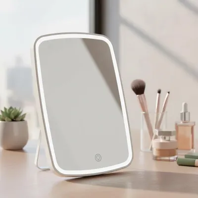 A makeup mirror with LED lights is placed on a wooden table, with some makeup brushes and bottles in the background.