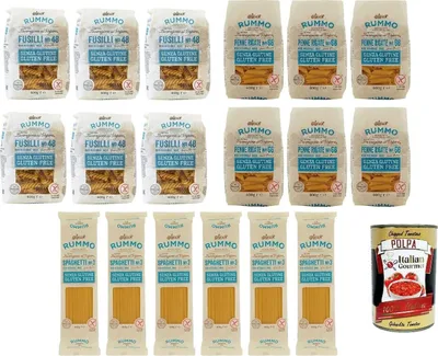 Produktbild von Rummo Pasta Testpaket, gluten free, Spaghetti - Fusilli - Penne Rigate Glutenfreie,Nudeln Senza Glutine 18x 400g + Italian Gourmet polpa 400g