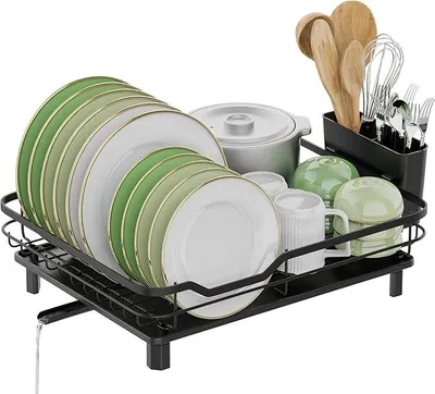 Produktbild von PolkaHome® Abtropfgestell, platzsparendes Abtropfgestell mit Besteckkorb, Geschirr, Spüle, geeignet für Küchenarbeitsplatte, schwarz