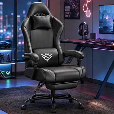 Produktbild von SONGMICS Gaming Stuhl, Ergonomischer Bürostuhl aus Kunstleder, mit Fußstütze und Lendenkissen, 135° Neigung, 70 x 70 x 120-130 cm, Schwarz