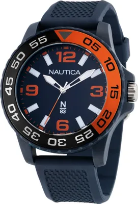 A close-up studio shot of a Nautica N83 Finn World men's watch.