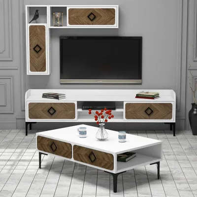 Produktbild von Skye Decor, Samba - White, Wohnzimmermöbel-Set, Weiß, 100 % MELAMINBESCHICHTETE SPANPLATTEN, 180 x 35 x 52 cm