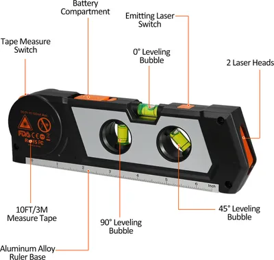 Zdjęcie produktu dla Poziomica laserowa 4 w 1 Uniwersalna standardowa krzyżowa poziomica laserowa 10 stóp / 3 metry Taśma miernicza Linijka laserowa 3 tryby 3 pęcherzyki poziomujące i podstawa linijki do wieszania obrazów Renowacja domu
