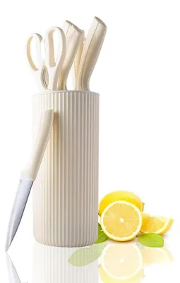 Immagine prodotto di Set di 7 coltelli da cucina con base portacoltelli, acciaio inossidabile, color beige