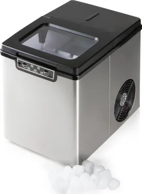 A stainless steel ice maker with a black lid and control panel, with a pile of ice cubes in the foreground.