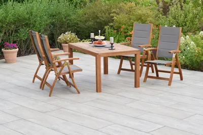 Produktbild von Merxx Gartenmöbelset "Acapulco" 5tlg. mit Ausziehtisch 150/200 x 90 cm - Akazienholz mit Textilbespannung Grau