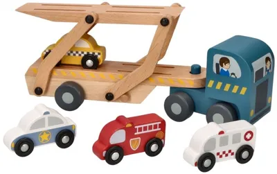 A set of wooden toy vehicles including a tow truck, a police car, a fire truck, and an ambulance.