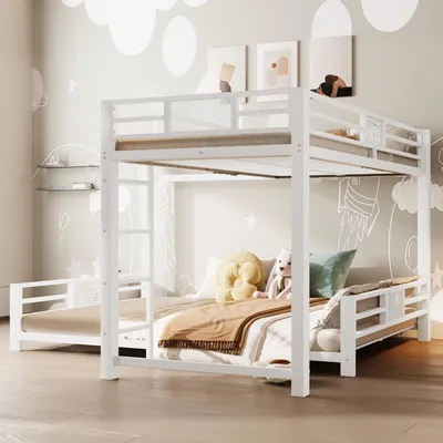 Obrázek produktu pro MODFU Dětská postel 90/140×200 cm s ochranou proti pádu, dvojlůžko s L-kovým rámem, vhodný rám postele pro chlapce i dívky, bílá, bez matrace