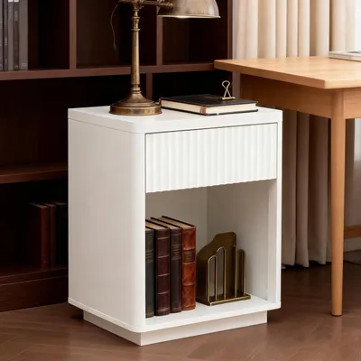 Produktbild von Nachttisch mit Schublade & offenem Regal, moderner Beistelltisch mit Wellenpaneel, stabiler Holz-Tisch für Schlafzimmer & Büro, einfache Montage