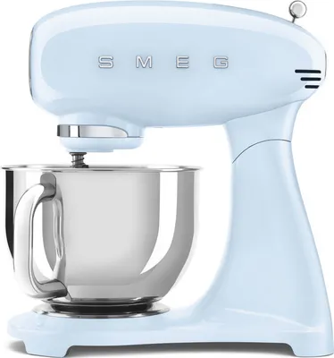 A light blue SMEG stand mixer is shown against a white background.