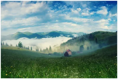 Produktbild von Wallario Premium Glasbild, freischwebende Optik, kräftige Farben, Größe 90 x 60 cm Motiv Morgennebel zwischen Berghängen