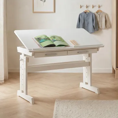 Produktbild von Kinderschreibtisch OLIVIA aus Kiefer in weiß, schöner Schülerschreibtisch neigungs- und höhenverstellbar, praktischer Jugendschreibtisch mit Schubladen
