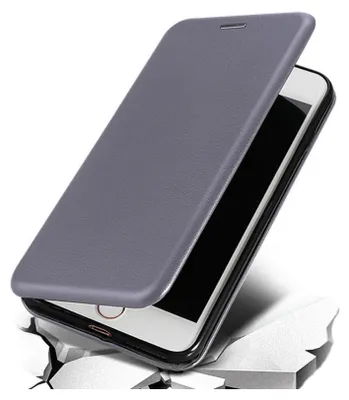 A gray flip case for a smartphone is shown at an angle, with the front cover partially open.