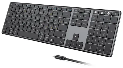 Zdjęcie produktu dla Bezprzewodowa klawiatura QWERTZ, Bluetooth, 2400 MHz, metalowa, 3 urządzenia, kolor: czarny i szary