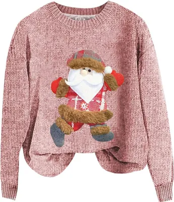 Produktbild von ASKSA Damen Lustige Weihnachtspullover Strickpullover Winter Rundhals Pulli Christmas Sweater Langarm Oberteile Warm Weihnachtspulli,D-Rosa,L