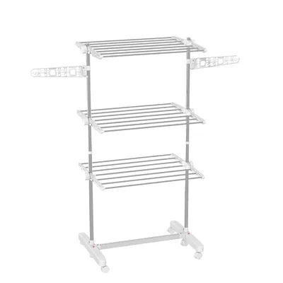 Produktbild von Wäscheständer mit Rollen 3 Ebenen klappbar Wäschetrockner Standtrockner 80-142 x 55 x 152 cm Silber + Weiß