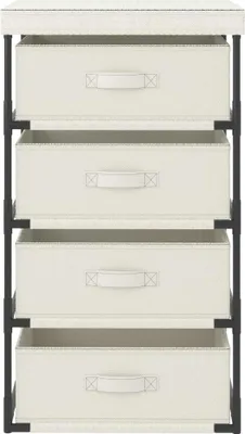 A front view of a cream-colored storage unit with four fabric drawers and a black metal frame.