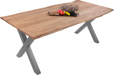 Produktbild von Esstisch Baumkante massiv Akazie eichefarben 160 x 85 cm X-Gestell silber DEREK