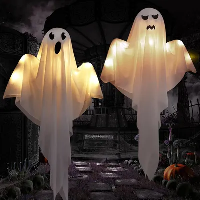 Produktbild von Halloween Deko Geist Mit LED Lichtern - 2 Stück 60 cm Gruselige Windsack, Hängende Dekorationen für Vorgarten, Terrasse, Rasen, Garten, Partydekor