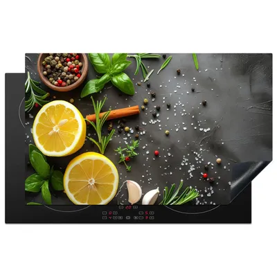 Obrázok produktu pre KitchenYeah® Kryt varnej dosky citrón - bylinky - betónový vzhľad, 83x51cm, kuchynská dekorácia, keramický kryt varnej dosky, kryt varnej dosky