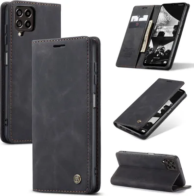 Produktbild von Galaxy M33 Hülle, Retro Kunstledertasche mit Standfunktion Schutzhülle für Samsung Galaxy M33 Schwarz