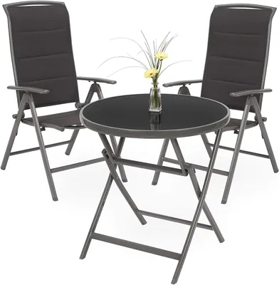 Produktbild von BRUBAKER Garten Sitzgruppe Milano - 1 Glastisch Klapptisch rund 70 cm Ø mit 2 Hochlehner Stühlen - Aluminium - Wetterfest - Silbergrau