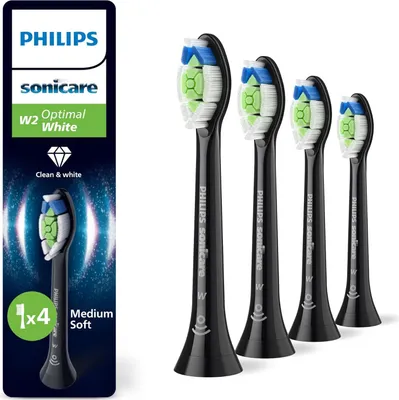 A package containing four Philips Sonicare W2 Optimal White toothbrush heads, with one toothbrush head shown in detail on the packaging.
