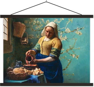 Produktbild von MuchoWow® Textilposter Milchmädchen - Mandelblüte - Van Gogh - Vermeer - Gemälde - Alte Meister 150x113 cm mit schwarzem Rahmen - Wohnzimmer
