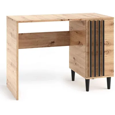Produktbild von Schreibtisch L7 Eiche Artisan mit Lamellen in Loft Stil, Computertisch mit 1 Tür, Bürotisch mit Holzbeine