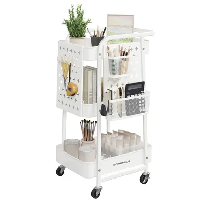 A white rolling cart filled with office and craft supplies, set against a white background.