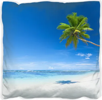 Produktbild von Wallario Premium Kissen, weiche Oberfläche, mit Motiv Weißer Sandstrand am Meer - Ein Traum unter Palmen, Größe: 30 x 30 cm, mit weißer Rückseite