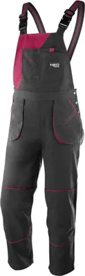 A pair of gray and pink work overalls.