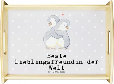 Produktbild von Mr. & Mrs. Panda Tablett Pinguin Beste Lieblingsfreundin der Welt - Grau Pastell - Geschenk, Herz, Servierplatte Holz, Love, Freundin, Geschenkidee, Bae, serviertablett
