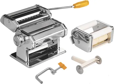 A chrome pasta maker with a yellow handle and several attachments, displayed on a white background.