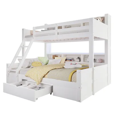 Produktbild von Etagenbett mit 2 Liegeflächen, LED-Beleuchtung, Schubladen, Regal, Rausfallschutz, Lattenrost, 90x200cm/140x200cm, Kinderbett