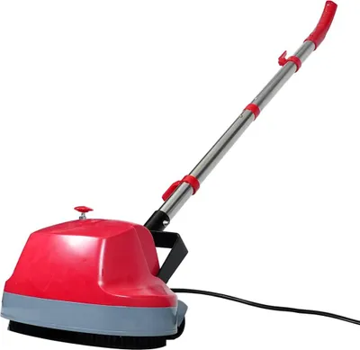 A floor polisher with a red and gray body and a silver handle against a white background.