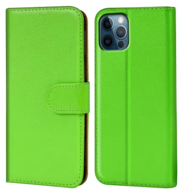 A green book-style phone case for an iPhone 12 / 12 Pro is shown from the front and back.